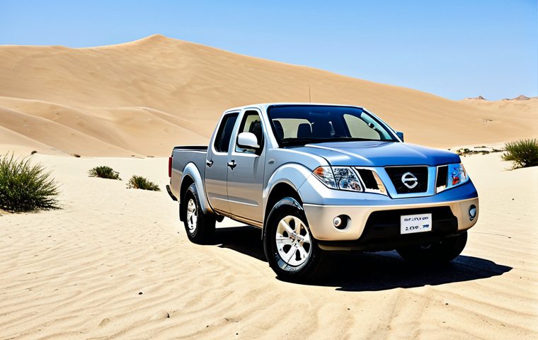니산 프론티어와 GMC 캐니언 비교 - **Prompt:** "A Nissan Frontier pickup truck, fully clothed, parked in a desert landscape with sand d...